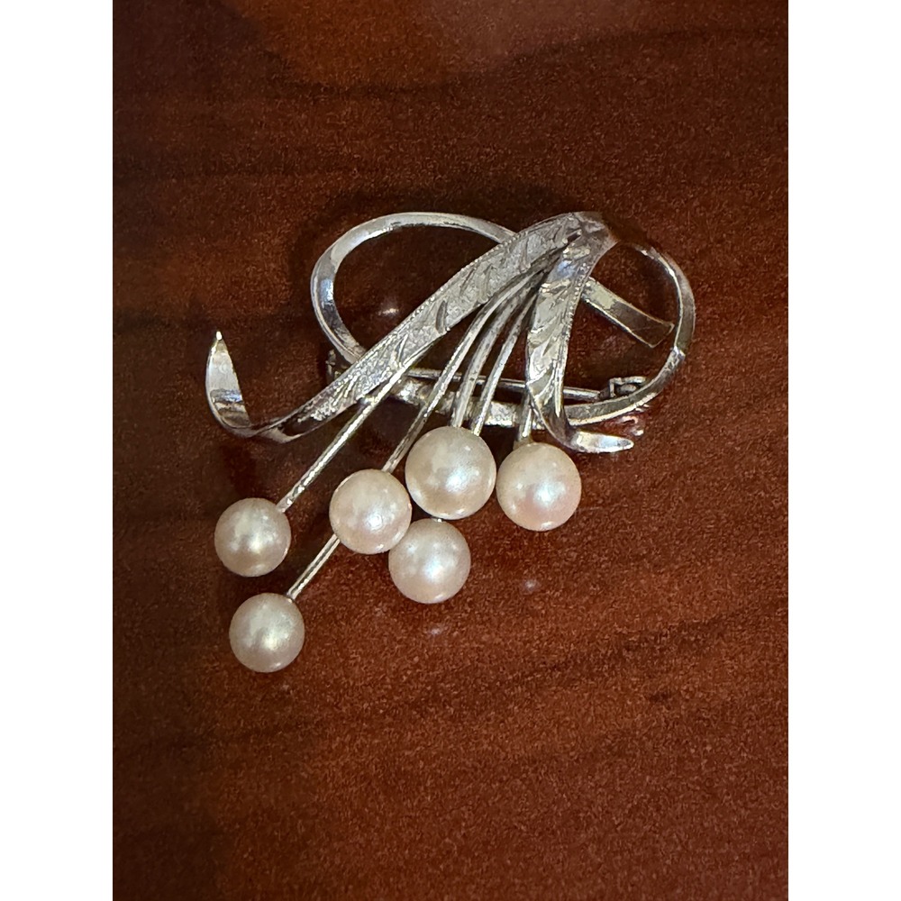 Vintage Silver Genuine Cultured Pearl Abstract Floral Brooch Pin 1.75"